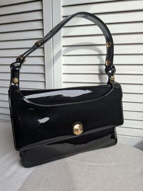 Black Patent Shoulder Bag with Gold-Tone Hardware